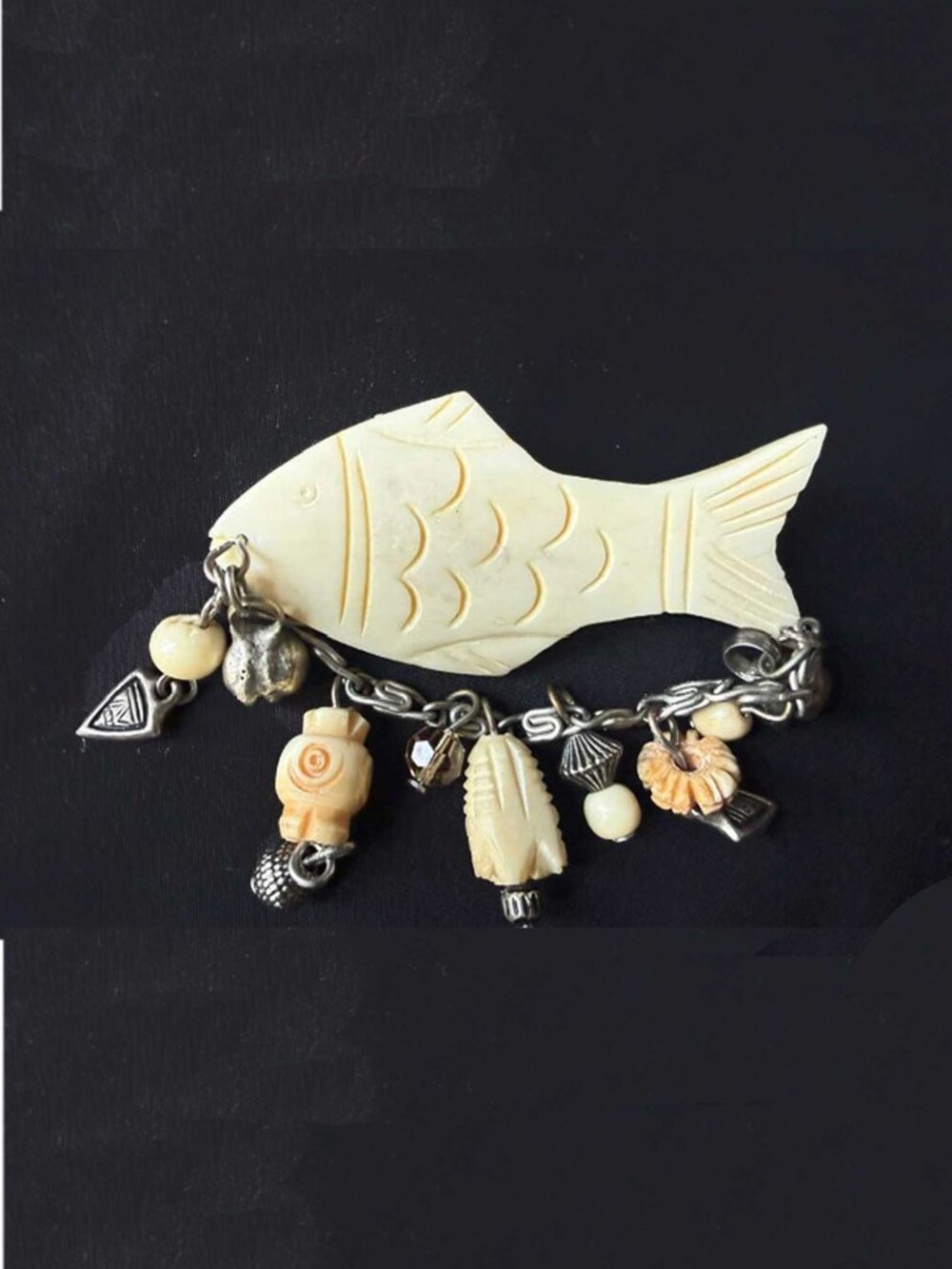 Carved Bone Brooch with Baubles